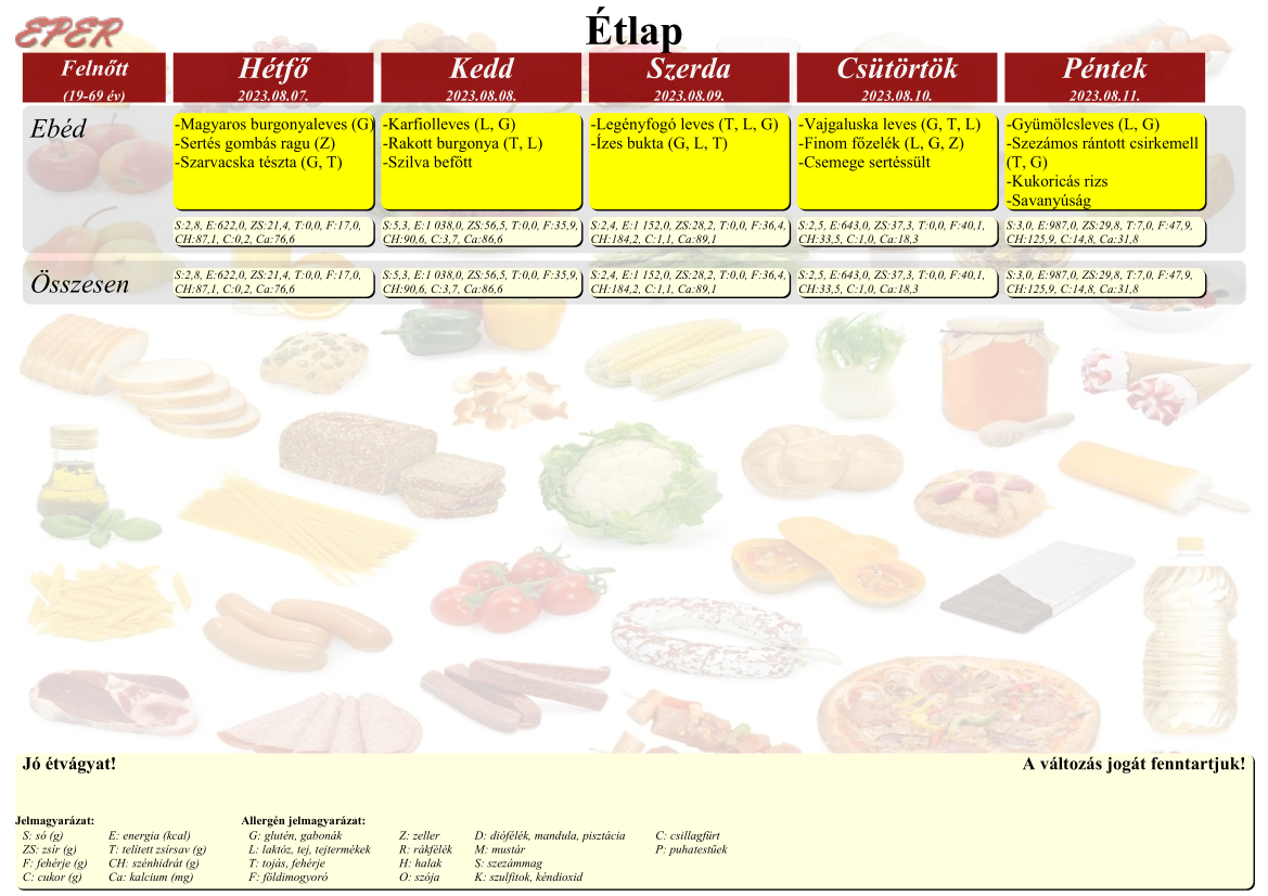 Étlap 2023. augusztus 7-től augusztus 11-ig
